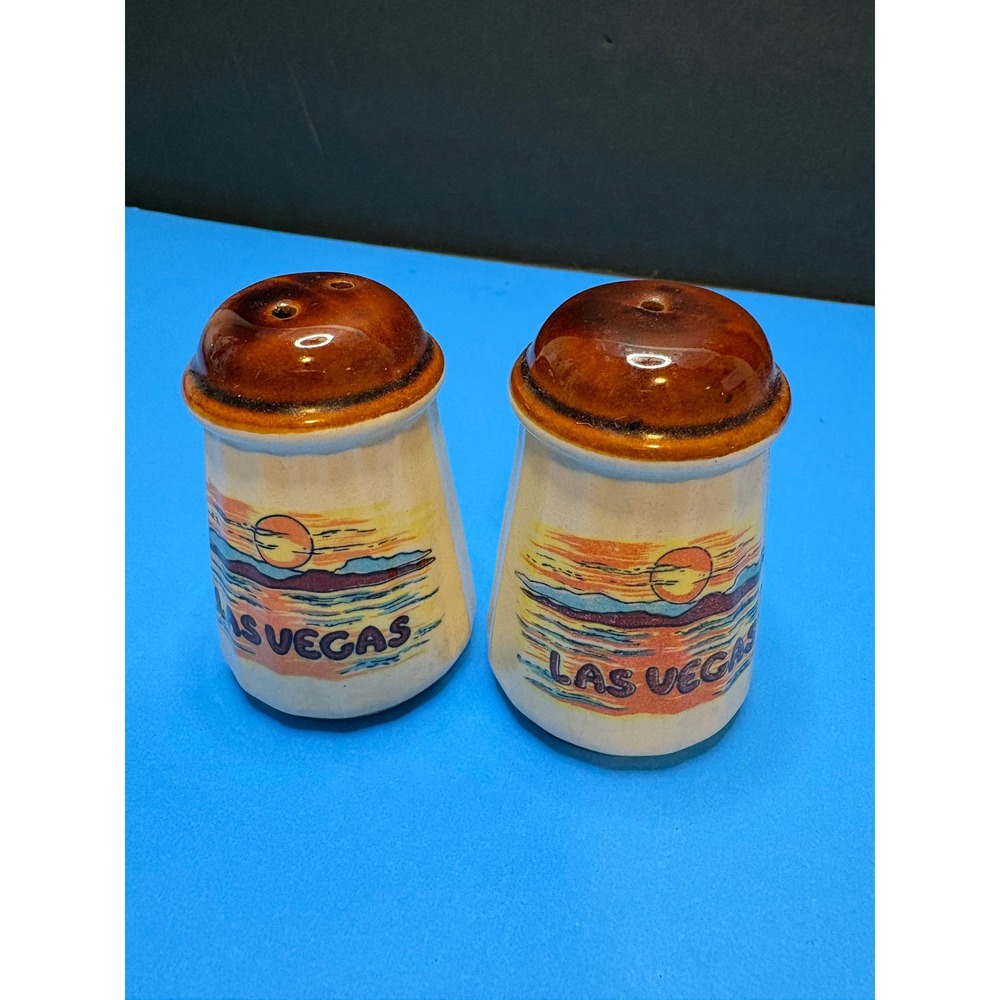 Vintage Las Vegas Souvenir Salt and Pepper Shakers Ceramic Sunset Desert Scene